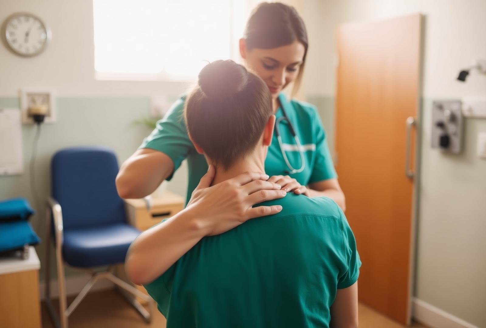 Caring physical therapist treating a patient in a bright clinic